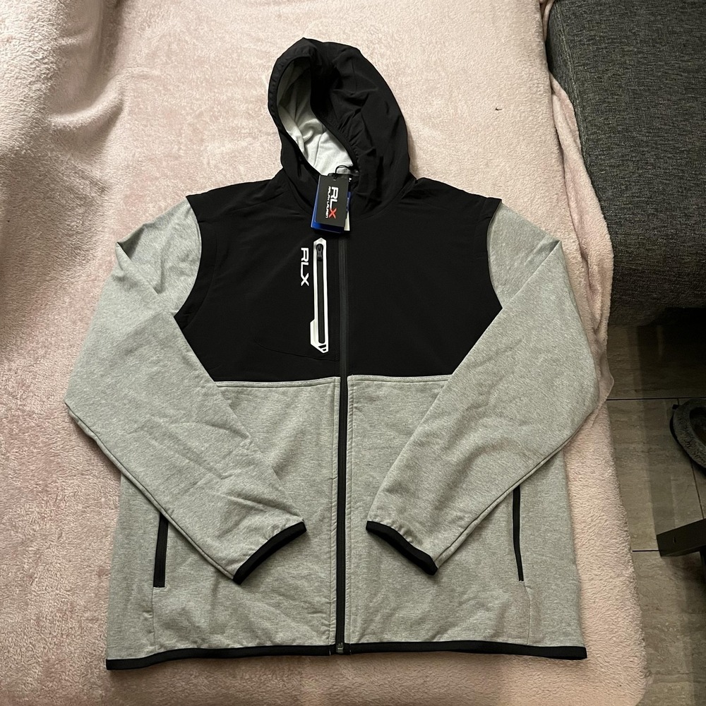 RLX Ralph Lauren Jacket Mens Large Gray Black Hooded Full Zip Golf Wicking
